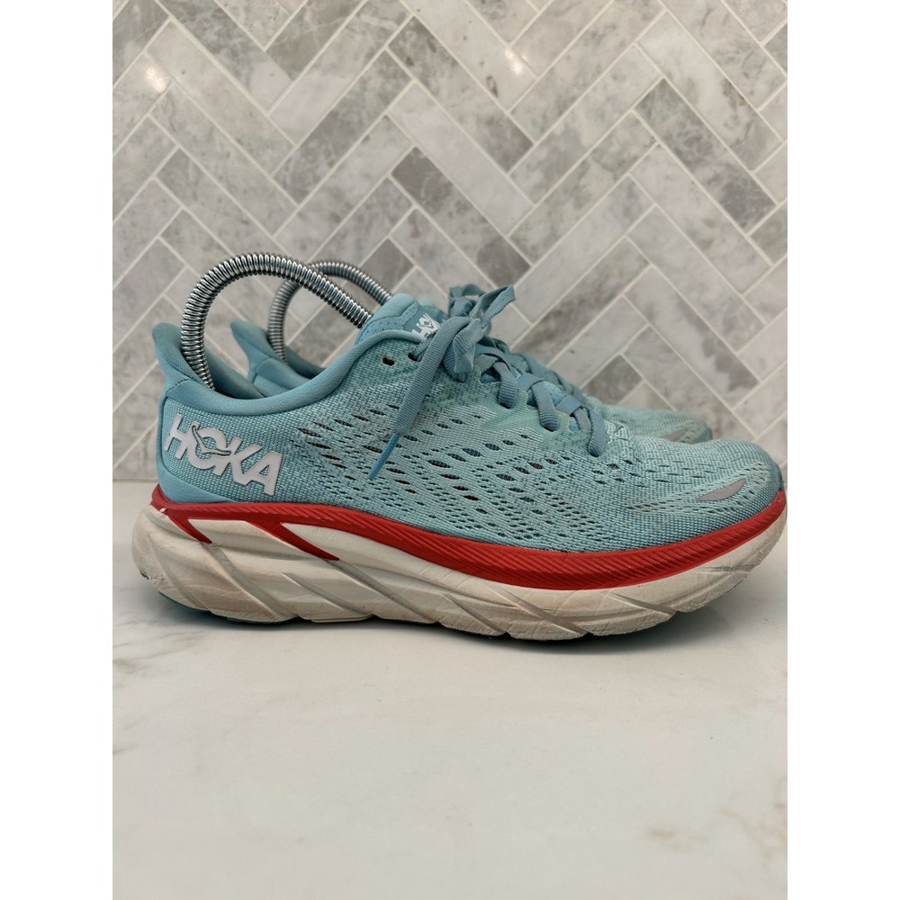 Hoka One One Clifton 8 Running Shoes Womens Size 7B 7 B Light Blue Mesh Sneakers - Picture 2 of 8